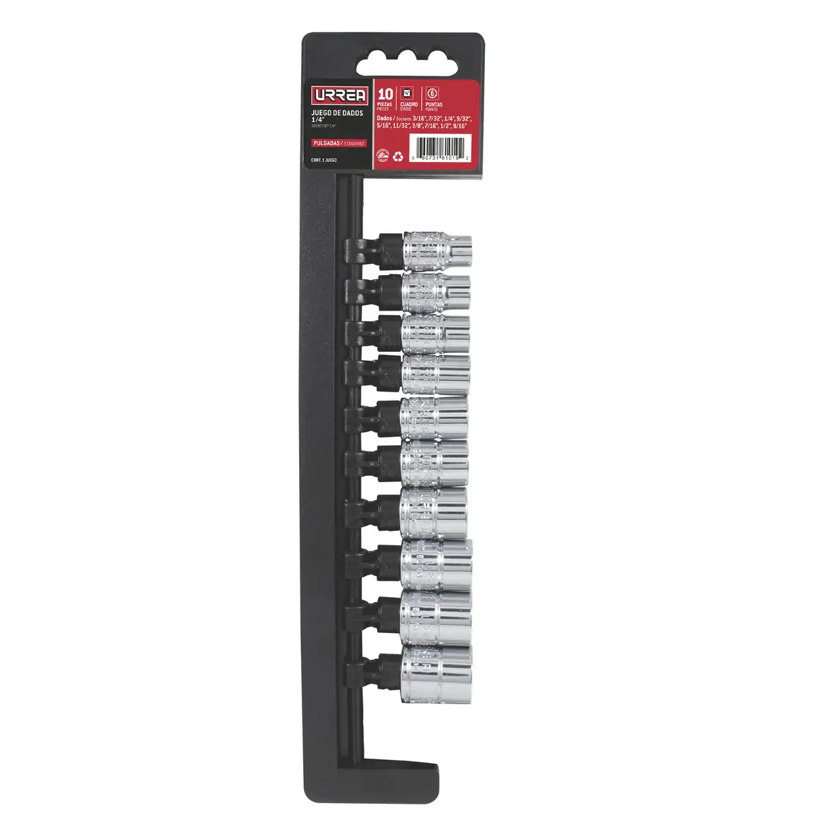 JUEGO DE DADOS CUADRO DE 1/4", 6 PUNTAS, EN PULGADAS, EN RIEL, 10 PIEZAS U47106 URREA