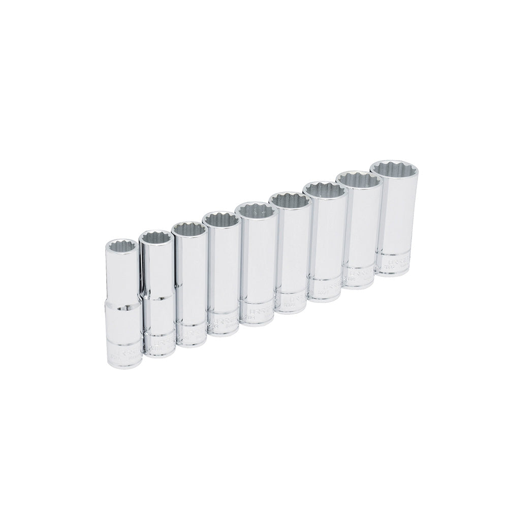 JUEGO DE DADOS LARGOS CUADRO DE 1/2", 12 PUNTAS, EN PULGADAS, EN RIEL, 9 PIEZAS U54117 URREA