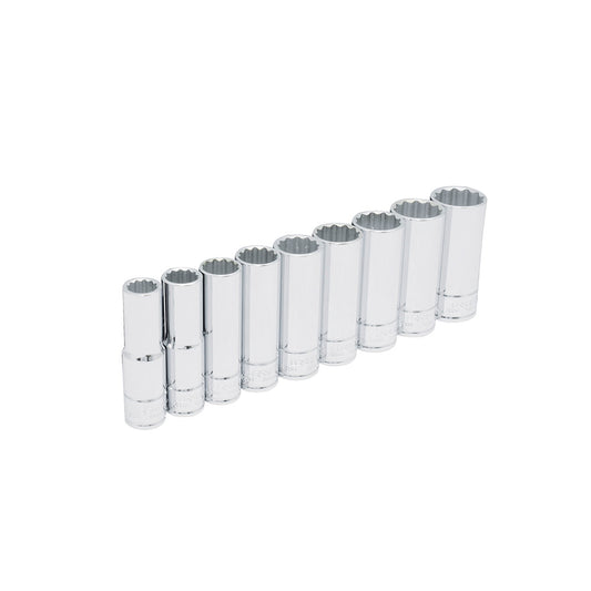 JUEGO DE DADOS LARGOS CUADRO DE 1/2", 12 PUNTAS, EN PULGADAS, EN RIEL, 9 PIEZAS U54117 URREA