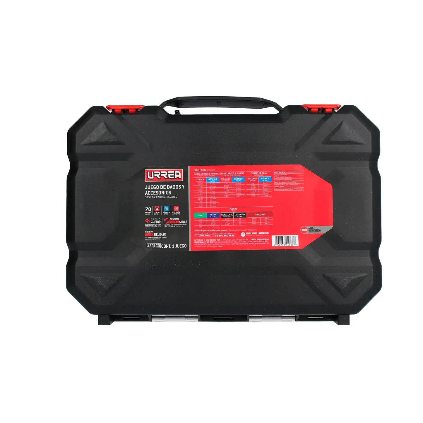 JUEGO DE DADOS Y ACCESORIOS CUADRO DE 1/4" COMBINADO, 70 PIEZAS U4701CD URREA