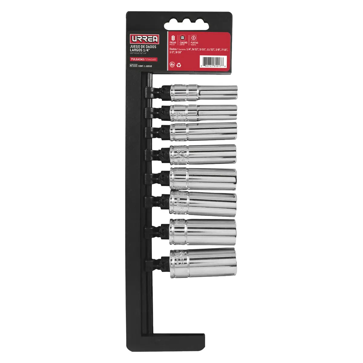 JUEGO DE DADOS LARGOS CUADRO DE 1/4", 6 PUNTAS, EN PULGADAS, EN RIEL, 8 PIEZAS U47102 URREA