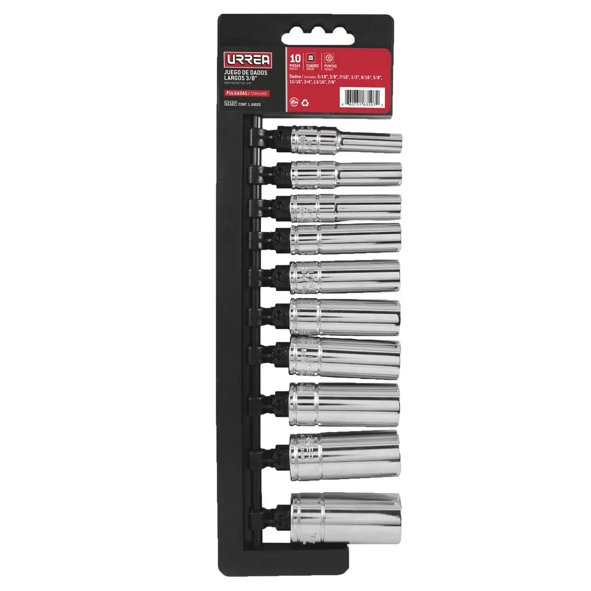 JUEGO DE DADOS LARGOS CUADRO DE 3/8", 12 PUNTAS EN PULGADAS EN RIEL, 10 PIEZAS U52107 URREA
