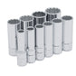 JUEGO DE DADOS LARGOS CUADRO DE 3/8", 12 PUNTAS EN PULGADAS EN RIEL, 10 PIEZAS U52107 URREA