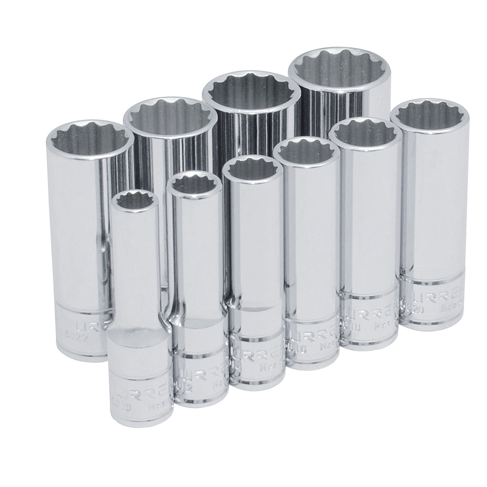 JUEGO DE DADOS LARGOS CUADRO DE 3/8", 12 PUNTAS EN PULGADAS EN RIEL, 10 PIEZAS U52107 URREA