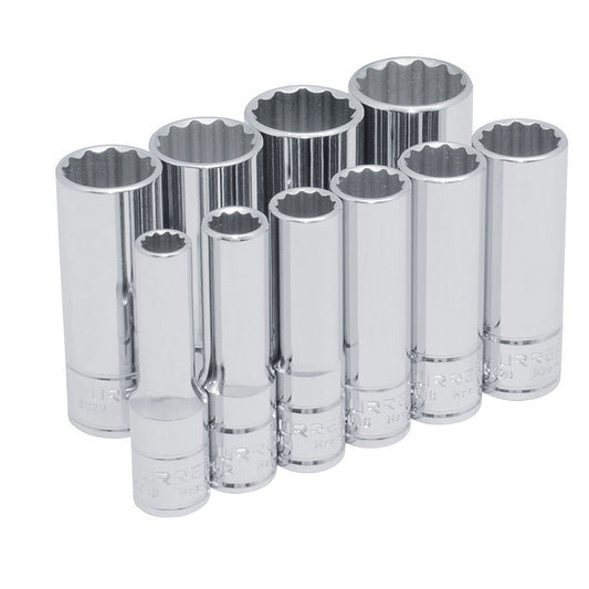 JUEGO DE DADOS LARGOS CUADRO DE 3/8", 12 PUNTAS EN PULGADAS EN RIEL, 10 PIEZAS U52107 URREA