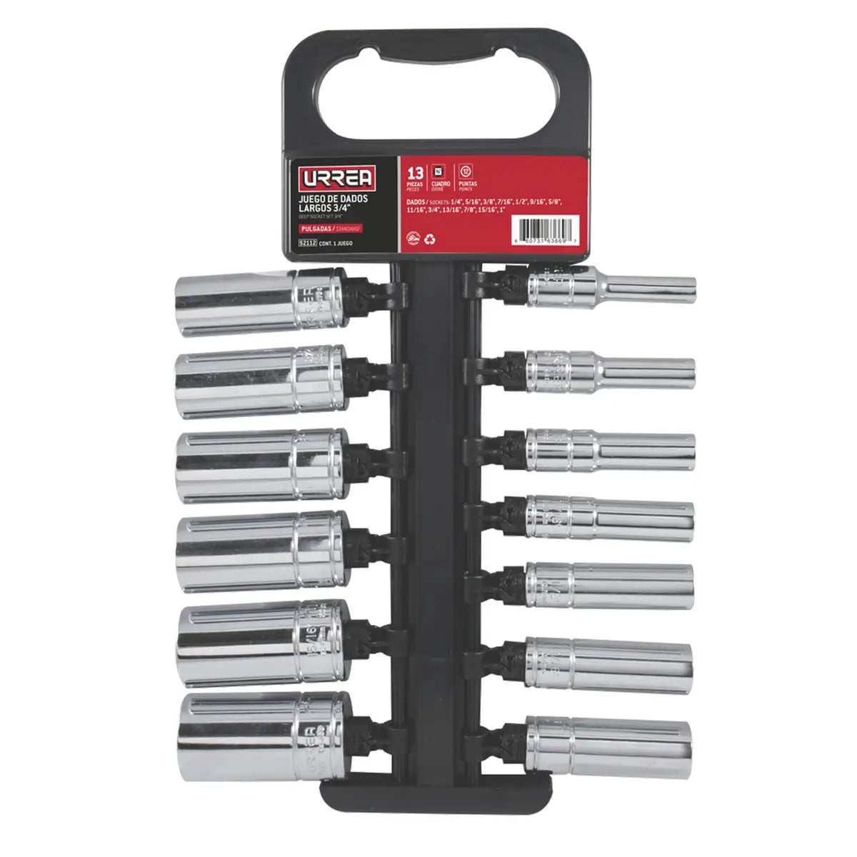 JUEGO DE DADOS LARGOS CUADRO DE 3/8", EN PULGADAS 6 PUNTAS EN RIEL, 13 PIEZAS U52114 URREA