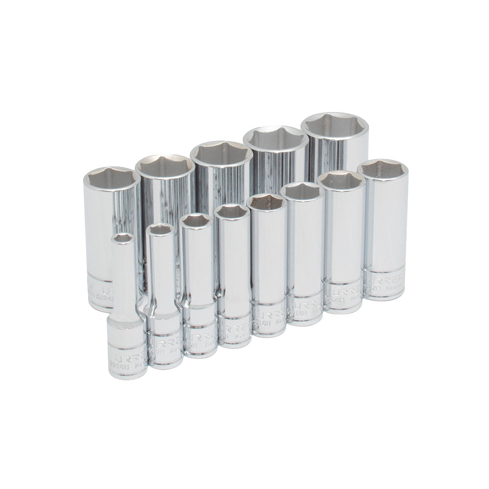 JUEGO DE DADOS LARGOS CUADRO DE 3/8", EN PULGADAS 6 PUNTAS EN RIEL, 13 PIEZAS U52114 URREA