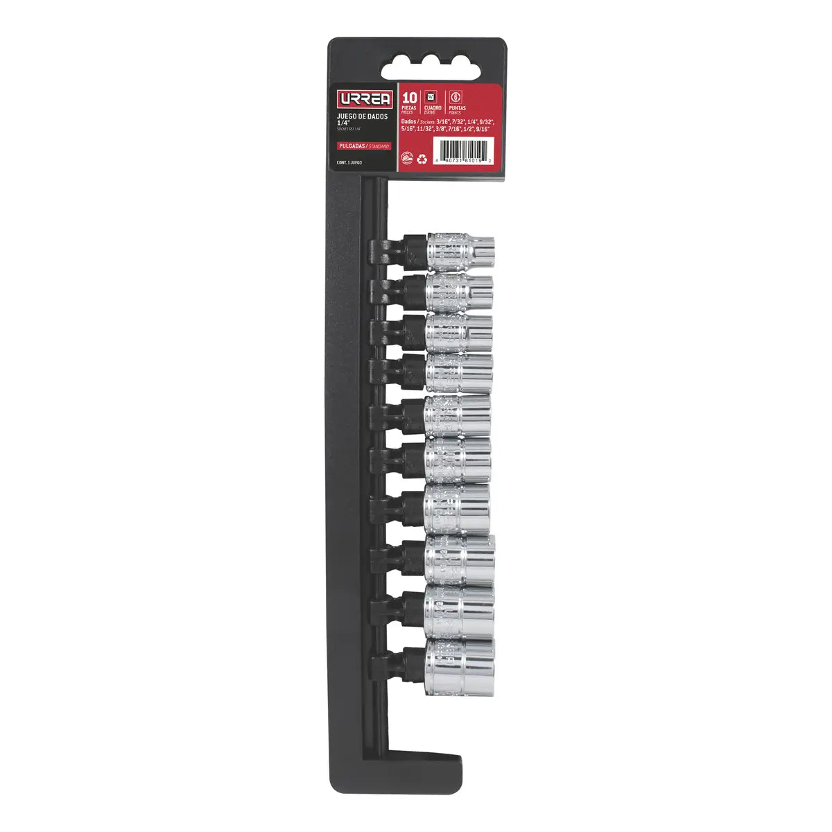 JUEGO DE DADOS CUADRO DE 3/8", 12 PUNTAS, EN PULGADAS EN RIEL, 10 PIEZAS U52118 URREA