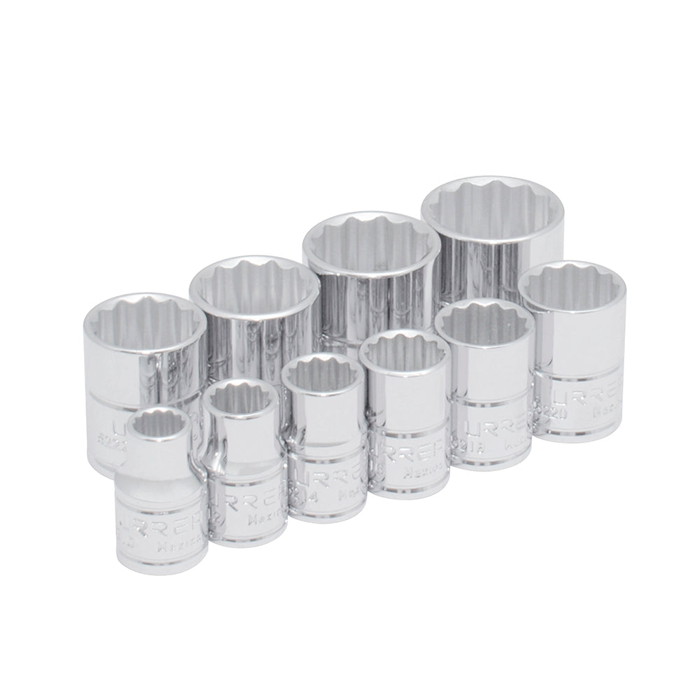 JUEGO DE DADOS CUADRO DE 3/8", 12 PUNTAS, EN PULGADAS EN RIEL, 10 PIEZAS U52118 URREA
