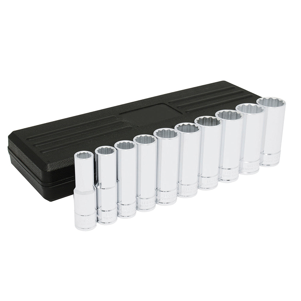 JUEGO DE DADOS LARGOS CUADRO DE 1/2", 12 PUNTAS, MÉTRICOS, 10 PIEZAS U5400PHM URREA